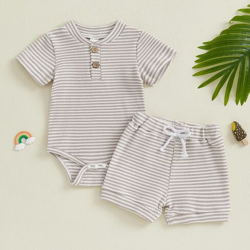 VISGOGO Baby Boy Shorts Set Newborn Infant Summer Outfit Striped Half Button-up Short Sleeve Bodysuit Elastic Waist Shorts in Saudi Arabia