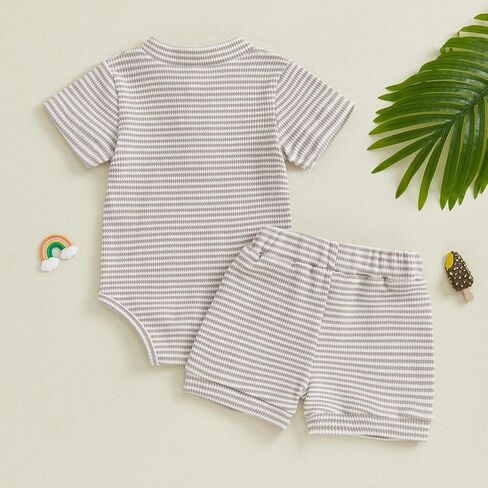 VISGOGO Baby Boy Shorts Set Newborn Infant Summer Outfit Striped Half Button-up Short Sleeve Bodysuit Elastic Waist Shorts in Saudi Arabia