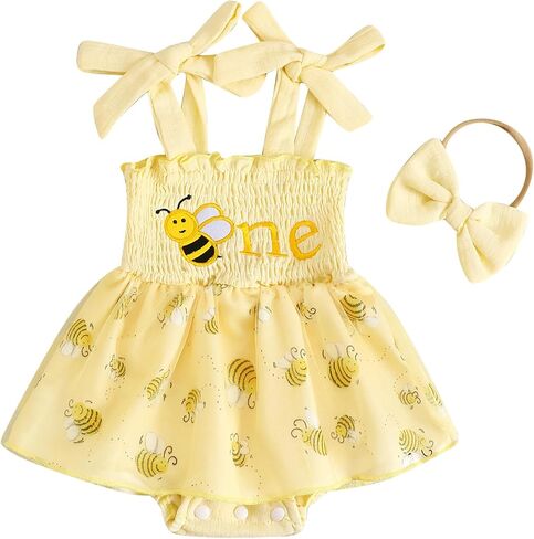 Baby Girl Cotton Linen Romper Dress 1st Birthday Clothes Letter Embroidery Sleeveless Smocked Onesie Shower Outfit in Saudi Arabia