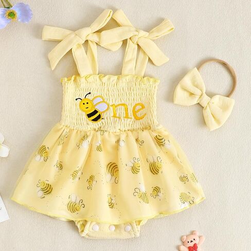 Baby Girl Cotton Linen Romper Dress 1st Birthday Clothes Letter Embroidery Sleeveless Smocked Onesie Shower Outfit in Saudi Arabia