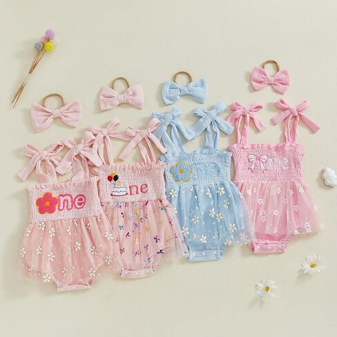 Baby Girl Cotton Linen Romper Dress 1st Birthday Clothes Letter Embroidery Sleeveless Smocked Onesie Shower Outfit in Saudi Arabia