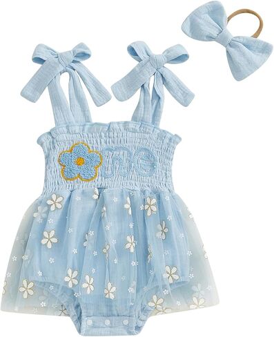 Baby Girl Cotton Linen Romper Dress 1st Birthday Clothes Letter Embroidery Sleeveless Smocked Onesie Shower Outfit in Saudi Arabia