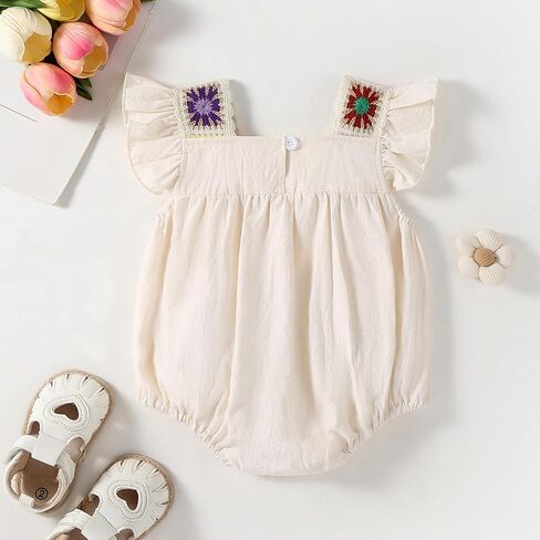 Baby Girl Romper Fall Clothes Ruffle Sleeveless Onesie Crochet Floral Bubble Romper Infant Bodysuit Boho Outfit in Saudi Arabia