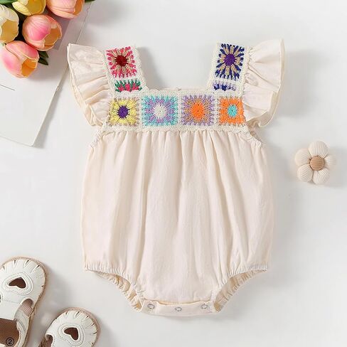 Baby Girl Romper Fall Clothes Ruffle Sleeveless Onesie Crochet Floral Bubble Romper Infant Bodysuit Boho Outfit in Saudi Arabia