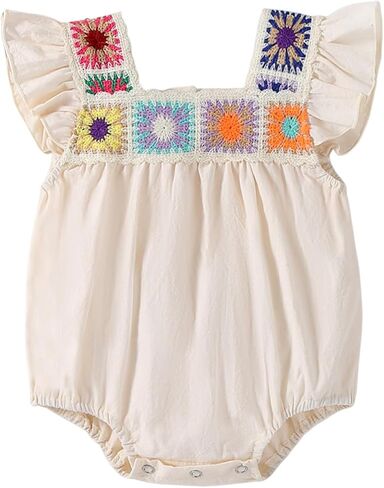 Baby Girl Romper Fall Clothes Ruffle Sleeveless Onesie Crochet Floral Bubble Romper Infant Bodysuit Boho Outfit in Saudi Arabia