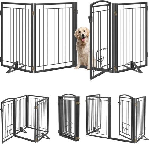 بوابة الكلب الدائمة المعدنية مع المعادن مع باب القط للداخل/الخارجي ، 80 "بوابة الحيوانات الأليفة القابلة للطي جدا ، 32" بوابات الكلاب طويلة لسلالم الفتحات الكبيرة ، سطح السفينة ، الفناء ، المداخل (4 لوحات ، أسود) in Kuwait