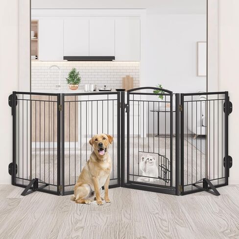 بوابة الكلب الدائمة المعدنية مع المعادن مع باب القط للداخل/الخارجي ، 80 "بوابة الحيوانات الأليفة القابلة للطي جدا ، 32" بوابات الكلاب طويلة لسلالم الفتحات الكبيرة ، سطح السفينة ، الفناء ، المداخل (4 لوحات ، أسود) in Kuwait