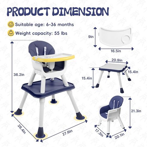 5 in 1 Baby High Chair, Toddler Chair with Removable Tray, Convertible High Chairs for Babies and Toddlers, Kids Learning Table, Building Block Table, Dining Booster Seat with Safety Harness, Blue in Saudi Arabia