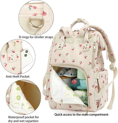 Corduroy Diaper Bag Backpack for Women, Large Capacity Baby Bag for Mom and Girls Boys with Stroller Straps (Cherry) in Kuwait
