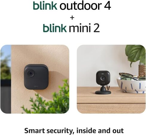 Blink Outdoor 4 + Mini 2 – Wireless smart security camera, two-year battery life, 1080p HD day and infrared night live view. Sync Module Core included – 2 camera system + Mini 2 (Black) in Saudi Arabia