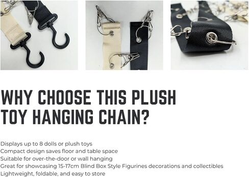 Plush Toy Display Strap for 15-17cm Blind Box Style Dolls, Stuffed Animal Hanging Chain with 8 Clips, Wall & Over Door Organizer (No Dolls Included) (1-Pack Black) in Kuwait
