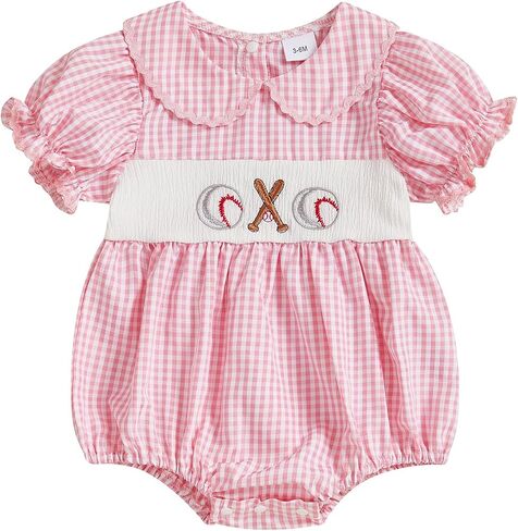 Newborn Baby Girl Baseball Outfit Embroidery Short Sleeve Smocked Bubble Romper Ruffle Bodysuit Cute Summer Clothes in Saudi Arabia
