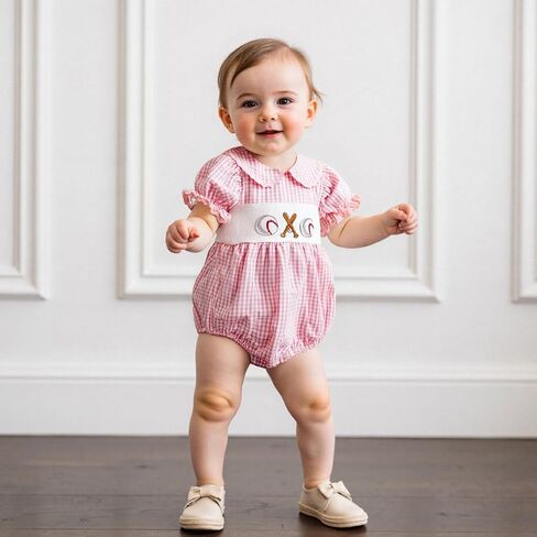 Newborn Baby Girl Baseball Outfit Embroidery Short Sleeve Smocked Bubble Romper Ruffle Bodysuit Cute Summer Clothes in Saudi Arabia