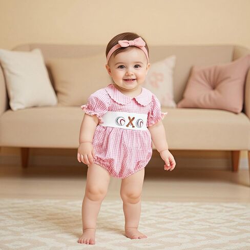 Newborn Baby Girl Baseball Outfit Embroidery Short Sleeve Smocked Bubble Romper Ruffle Bodysuit Cute Summer Clothes in Saudi Arabia