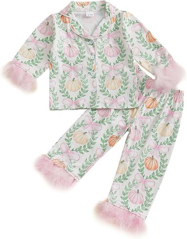 Toddler Baby Girl Fuzzy Pajamas Set Pumpink&Bow Button Down Shirt and Pants Holiday Pjs for Kids Loungewear Set in Kuwait