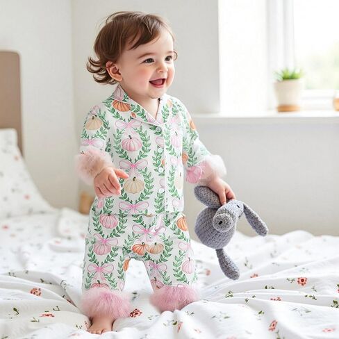 Toddler Baby Girl Fuzzy Pajamas Set Pumpink&Bow Button Down Shirt and Pants Holiday Pjs for Kids Loungewear Set in Kuwait