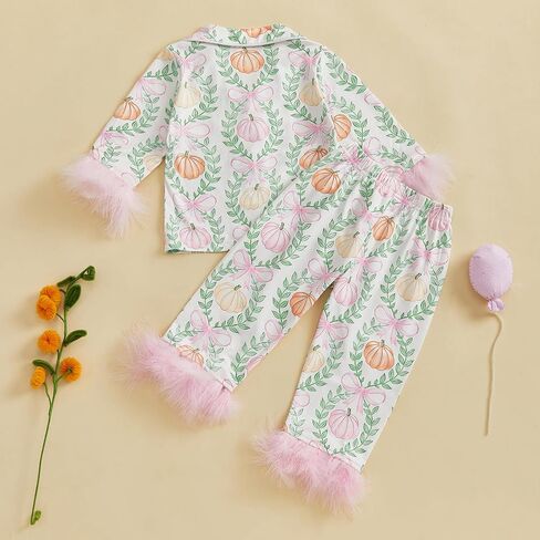 Toddler Baby Girl Fuzzy Pajamas Set Pumpink&Bow Button Down Shirt and Pants Holiday Pjs for Kids Loungewear Set in Kuwait
