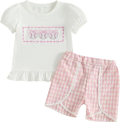 Kupretty Baby Girl Summer Clothes Toddler Short Sleeve Embroidery Smocked Shirts T-shirt + Gingham Ruffle Shorts Set in Saudi Arabia