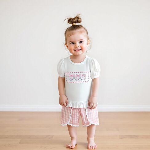 Kupretty Baby Girl Summer Clothes Toddler Short Sleeve Embroidery Smocked Shirts T-shirt + Gingham Ruffle Shorts Set in Saudi Arabia