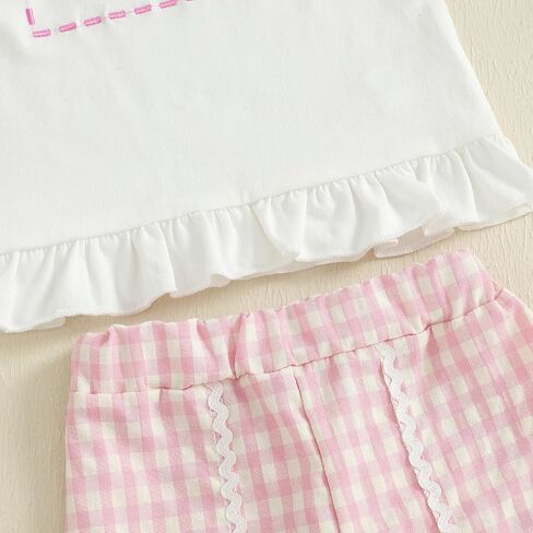 Kupretty Baby Girl Summer Clothes Toddler Short Sleeve Embroidery Smocked Shirts T-shirt + Gingham Ruffle Shorts Set in Saudi Arabia