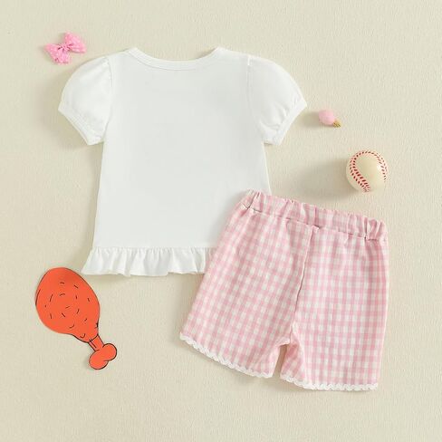 Kupretty Baby Girl Summer Clothes Toddler Short Sleeve Embroidery Smocked Shirts T-shirt + Gingham Ruffle Shorts Set in Saudi Arabia