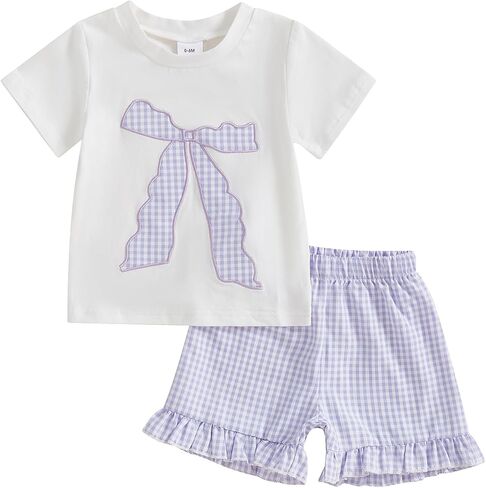 Kupretty Baby Girl Summer Clothes Toddler Short Sleeve Embroidery Smocked Shirts T-shirt + Gingham Ruffle Shorts Set in Saudi Arabia
