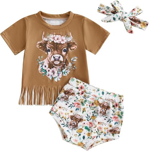 Western Toddler Baby Girl Clothes Short Sleeve Cow Crayfish Printed T-Shirt Tops Tassel Shorts Set Summer Outfits in Saudi Arabia