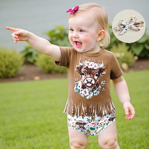 Western Toddler Baby Girl Clothes Short Sleeve Cow Crayfish Printed T-Shirt Tops Tassel Shorts Set Summer Outfits in Saudi Arabia