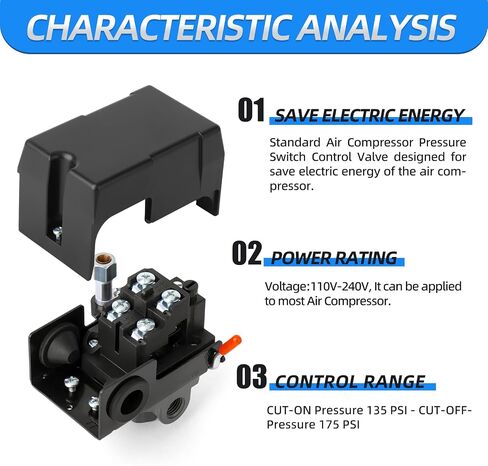 MEANLIN MEASURE Air Compressor Pressure Switch Control Valve 135-175 PSI 110V-240V 4-Way Replacement Parts with 0-180 Psi Air Compressor Regulator and Safety Pressure Relief Valve in Saudi Arabia