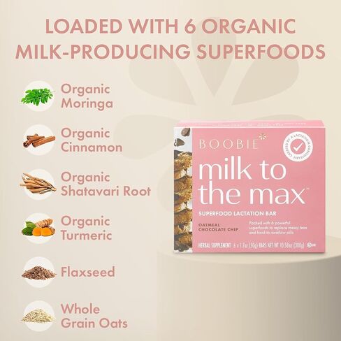Boobie Bar Superfood Oatmeal Chocolate Chip Lactation Bar for Breastfeeding Moms to Increase Milk Supply | #1 Selling Lactation Snack Bars | Vegan, Fenugreek-Free, Gluten-Free, Dairy-Free (12 Bars) in Kuwait