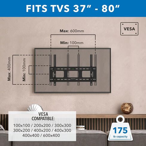 Mount-It! Heavy-Duty Fixed Tilt TV Wall Mount for 43–90 Inch Flat Screen TVs | Low Profile 1.5" Slim Design | VESA 100x100 to 800x600 | 220 lb Capacity | 8° Downward Tilt | 16"/24" Stud Installation in Kuwait