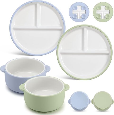 4 Pcs Porcelain Kid Suction Plate and Bowl Set,Blue,Green | Include 2 Ceramic Divided Plate and 2 Toddler Anti Slip Bowl, Baby Feeding Supplies, Microwave Dishwasher Safe in Saudi Arabia
