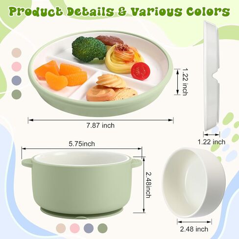 4 Pcs Porcelain Kid Suction Plate and Bowl Set,Blue,Green | Include 2 Ceramic Divided Plate and 2 Toddler Anti Slip Bowl, Baby Feeding Supplies, Microwave Dishwasher Safe in Saudi Arabia