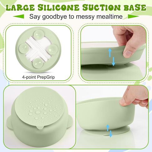 4 Pcs Porcelain Kid Suction Plate and Bowl Set,Blue,Green | Include 2 Ceramic Divided Plate and 2 Toddler Anti Slip Bowl, Baby Feeding Supplies, Microwave Dishwasher Safe in Saudi Arabia