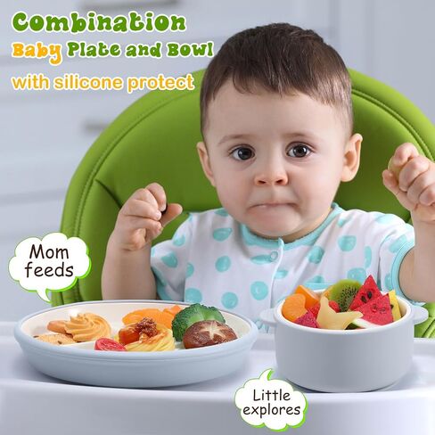4 Pcs Porcelain Kid Suction Plate and Bowl Set,Blue,Green | Include 2 Ceramic Divided Plate and 2 Toddler Anti Slip Bowl, Baby Feeding Supplies, Microwave Dishwasher Safe in Saudi Arabia
