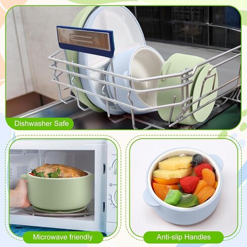 4 Pcs Porcelain Kid Suction Plate and Bowl Set,Blue,Green | Include 2 Ceramic Divided Plate and 2 Toddler Anti Slip Bowl, Baby Feeding Supplies, Microwave Dishwasher Safe in Saudi Arabia