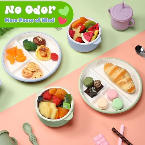4 Pcs Porcelain Kid Suction Plate and Bowl Set,Blue,Green | Include 2 Ceramic Divided Plate and 2 Toddler Anti Slip Bowl, Baby Feeding Supplies, Microwave Dishwasher Safe in Saudi Arabia