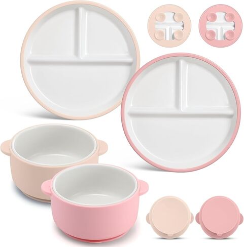 4 Pcs Porcelain Kid Suction Plate and Bowl Set,Blue,Green | Include 2 Ceramic Divided Plate and 2 Toddler Anti Slip Bowl, Baby Feeding Supplies, Microwave Dishwasher Safe in Saudi Arabia
