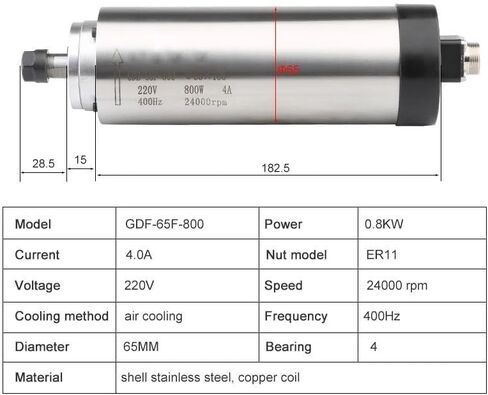 Spindle 65F-800W ER11 65MM Air-Cooled Spindle Motor 24000rpm 220v/380V AC Spindle For CNC Router Engraving Drill Press Tools(800W 220V) in Saudi Arabia
