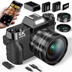 6K Digital Camera for Photography, 64MP Vlogging Camera for YouTube with 3" 180° Flip Screen, 16X Zoom Autofocus Compact Travel Beauty Cameras for Teens, with 32GB Micro SD Card