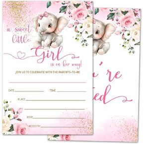 Pink Rose Elephant Baby Shower Invitations ، 25 مجموعة من الذهب اللامع استحمام الطفل تدعو مع الأظرف للفتيات ، وإعلان الطفل تكشف عن الإمدادات الحفلات ، وهي فتاة صغيرة حلوة -A08 -A08
