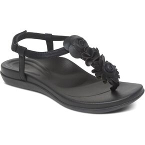 Aetrex Women's Charli Water-Friendly Orthopedic Leather Thong Sandals for Women - Arch Support Adjustable Floral Embellished Flat Sandals for Women w/Pressure Relief Design