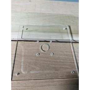 1/4" thick plexiglass base plate for Ryobi one+ PCL424B and Rigid R860443 routers with a recess for bushings. (9" square)