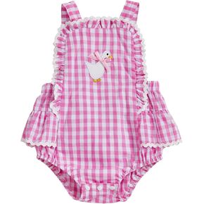 Baby Girl Goose Outfit Romper Farm Animal Gingham Overalls Ruffle Sleeveless Bodysuit Infant Summer Clothes