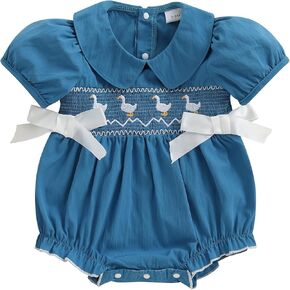 Newborn Baby Girl Romper Farm Outfit Goose Embroidery Short Sleeve Onesie Smocked Jumpsuit Country Summer Clothes