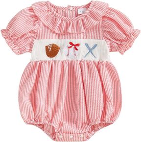 Kupretty Baby Girl Embroidery Smocked Romper Plaid Short Puff Sleeve Ruffle Collar Gingham Bubbles Playsuit Summer Clothes