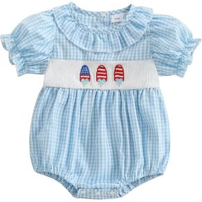 Kupretty Baby Girl Embroidery Smocked Romper Plaid Short Puff Sleeve Ruffle Collar Gingham Bubbles Playsuit Summer Clothes in Kuwait