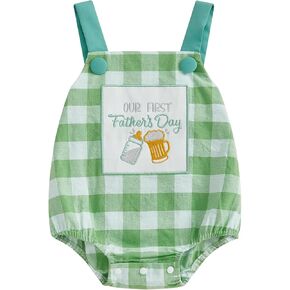 Karuedoo First Fathers Day Baby Boy Outfit Embroidery Plaid Sleeveless Bubble Romper Backless Overall Bodysuit Summer Clothes