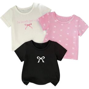 Verdusa Toddler Girl's 3 Pack Cut Bow Shirts Round Neck Short Sleeve Going Out Tops