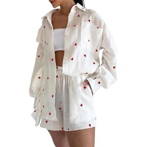 Pokn Linen Suit Y2K 2 Pieces Heart Print Lounge Set Long Sleeves Cute Shirts Wide Leg Ruffle Shorts Boho Sets